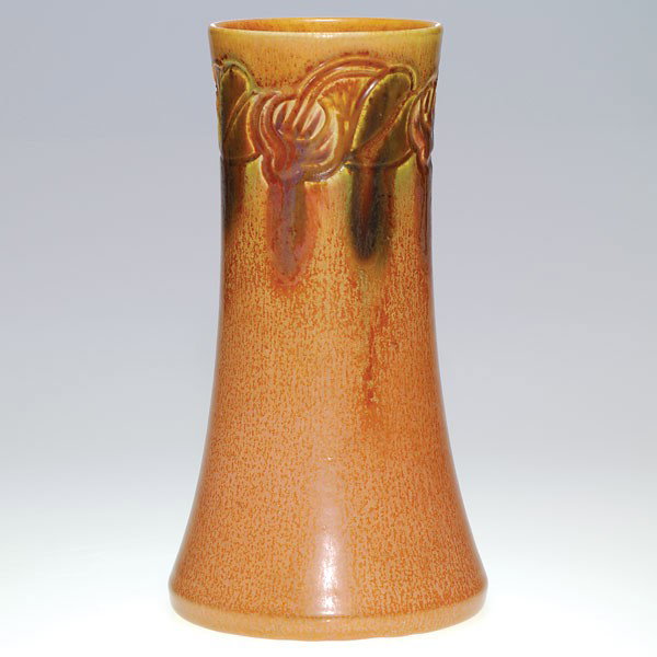 Rookwood Ombroso vase, incised flowers, Todd: Dandy Rookwood Ombroso vase with deeply incised floral designs done by C.S. Todd in 1915. Marks include the company logo and date code, shape number 1358 D and the incised initials of Mr. Todd. Height
