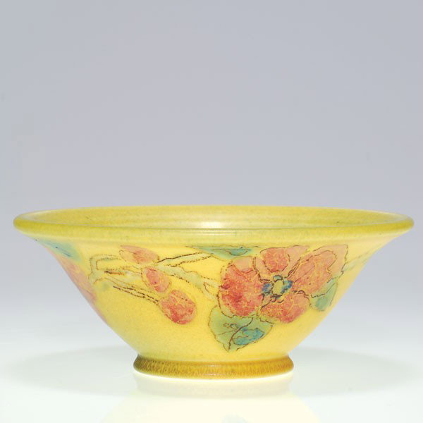 Rookwood mat floral bowl, Barrett, 1926, 6 3/8" : Mat glaze 2 1/2 inch by 6 3/8 inch bowl encircled with red petunias by Elizabeth Barrett in 1926. Impressed with the Rookwood insignia, the date and shape 2239 and bearing the artist's monogram in bro