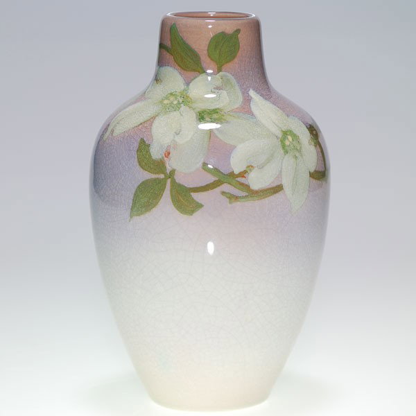Rookwood Iris, dogwood, Fechheimer, 1902, 7 3/4": Iris glaze vase with white dogwood decoration on a mauve ground done by Rose Fechheimer in 1902. Marked with the Rookwood logo and date code, shape number 905 D, incised W for white glaze and the inci