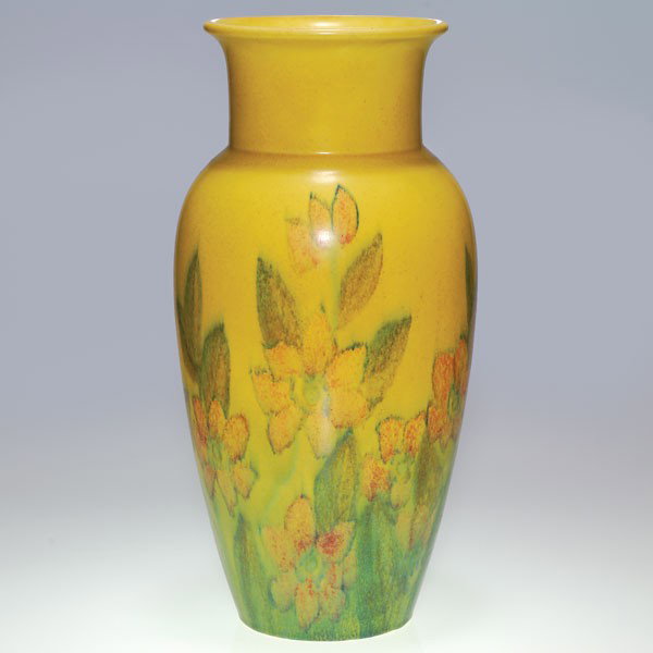 Tall Rookwood mat floral vase, Abel, 1927,17 1/8": Large Mat glaze vase encircled with red daffodils by Louise Abel against a yellow ground in 1927. Impressed with the Rookwood symbol, the date and shape 324 and bearing the artist's monogram in brown 
