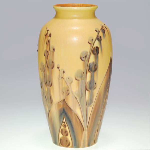 Rookwood mat, deco flowers, Barrett, 1928,10 7/8": Mat Moderne 10 7/8 inch vase decorated with leaves and berries by Elizabeth Barrett. Impressed with the Rookwood logo, the date and shape 614 D and incised with the artist's monogram. Uncrazed with pr