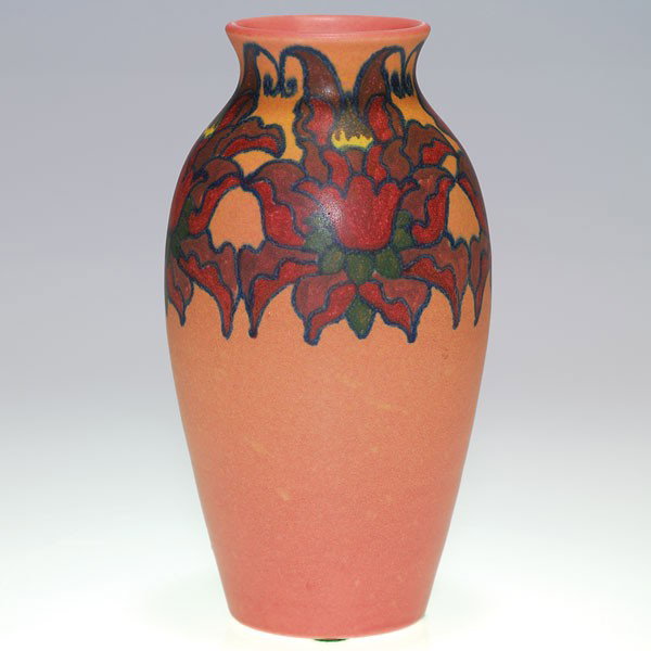 Rookwood 7 7/8" Vellum, Todd, repeating florals.: Mat Glaze vase encircled with a repeating pattern of colorful, stylized flowers, the work of Charles Todd in 1921. Impressed with the Rookwood insignia, the date and shape 534 C and bearing the artist