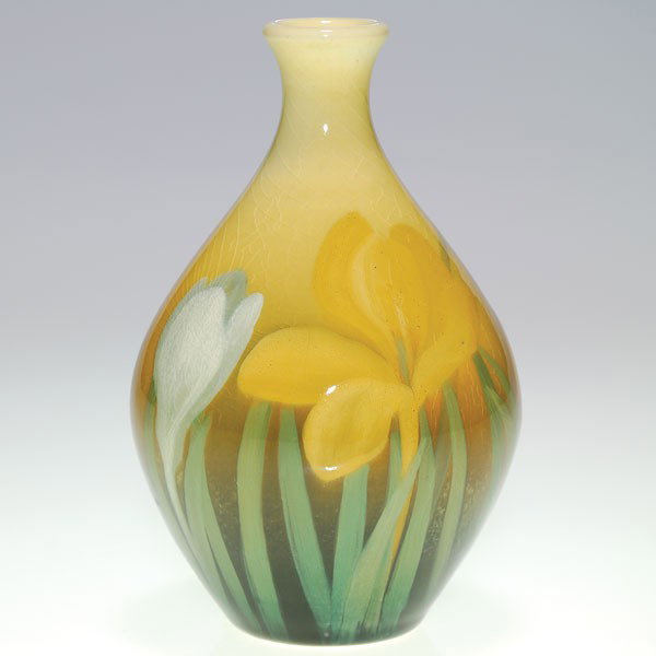 Rookwood Iris Glaze 6" vase, crocuses, C.C.L.: Iris Glaze 6 inch vase decorated with white and yellow crocuses by Clara Lindeman in 1903. Impressed with the Rookwood logo, the date and shape 861 and incised with a W to indicate white (clear) glaze