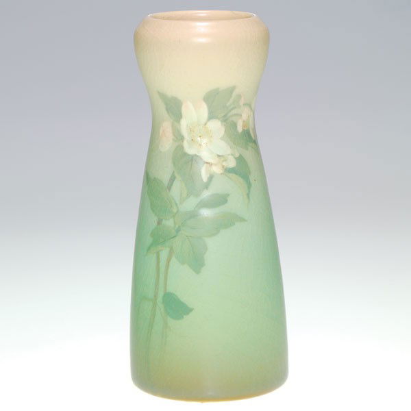 Rookwood Vellum 6 1/8" vase, roses, Olga Reed: Vellum Glaze 6 1/8 inch vase decorated by Olga Geneva Reed in 1912 with white and pink wild roses. Impressed with the Rookwood symbol, the date, a V for Vellum and shape 1656 F and incised with the ar