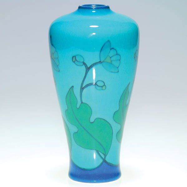 Rookwood Turquoise Blue floral vase, Todd, 1920, : Unusual example of C.S. Todd's work, a Turquoise Blue vase with stylized flowers done under a blue tinted high glaze. Impressed Rookwood logo and date, shape number 2306 and the incised initials of Mr