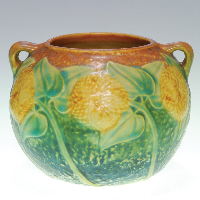 Roseville Sunflower jard, 4 1/8": Roseville Sunflower vase with two small handles. Unmarked. Height 4 1/8 inches. Good mold, color and glaze.