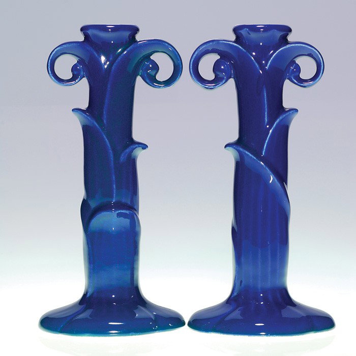 Cowan pair 8" candlesticks, S-8, Arabian Night: Pair Cowan 8 inch candleholders, shape S-8, covered with the Arabian Night glaze. Each is impressed with the Cowan name and circular logo. No crazing.