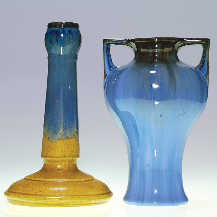 2 Fulper items: 8" Handled vase,single candlestick: Lot of two Fulper items: First is an 8 inch vase with squared handles, shape 645, covered with the Chinese Blue Flambe' glaze. Marked with the die stamped "incised" logo. And an 8 inch candleholder wi