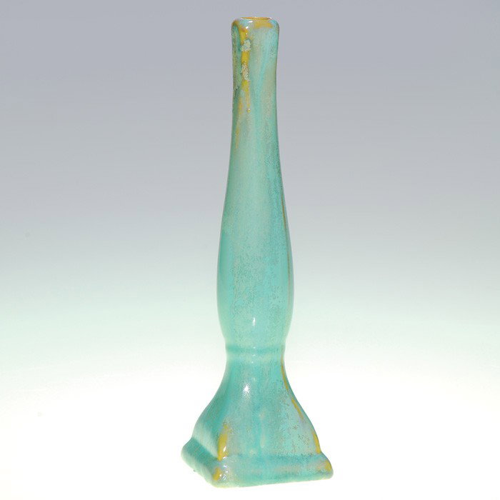 Fulper blue-green 8 1/4" bud vase, crystals: Blue-green Fulper bud vase with lots of subtle crystals. Marked with the vertical "racetrack" ink stamp logo. Height 8 1/4 inches. Excellent original condition.