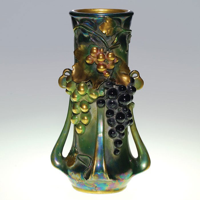 Amphora "Elite" vase, 3-D grapes, 11 5/8": Amphora "Elite" vase with three dimensional white and black grapes along with four swooping handles. Signed with an unusual "Amphora Elite" lozenge and impressed "Austria" on the bottom. Height 11 5/8