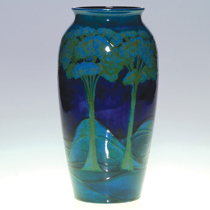 Moorcroft Cobridge Moonlit Blue vase, 10": Moorcroft Moonlit Blue vase. Impressed Cobridge factory mark and most of a painted signature. Also impressed with shape number 388. Height 10 inches. Restoration inside and out to a neat drill hole th