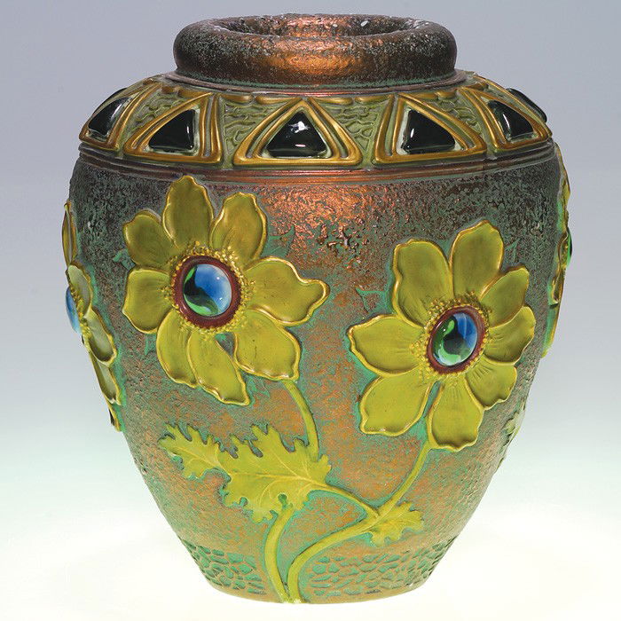 Habsburg Amphora-like vase, faux jewels, 11 3/8": Habsburg (Austria) hand painted Amphora like 11 3/8 inch vase with flowers that have faux jewel centers and bordered on the top with triangles. Marked "Habsburg hand painted, made in Austria" logo wit