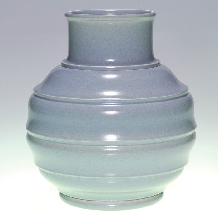 Wedgwood Keith Murray vase, Herron Gray 8 3/8": Robust Keith Murray vase for Wedgwood done in Herron Gray glaze. Marked "Keith Murray Wedgwood Made in England" with a blue inkstamp and impressed "Wedgwood Made in England" as well. Height 8 3/8 inch