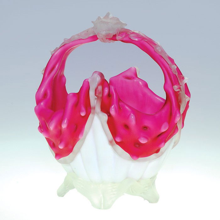 Webb basket, hobnail, fold down rim, camphor handl: Thomas Webb & Sons cased satin basket featuring a ribbed body the rim decorative with hobnail protrusions. Camphor embellishments include fern fronds bordering the handle topped with a rose blossom. H