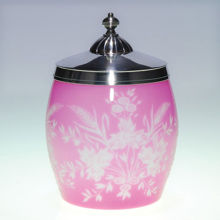 Webb attributed cameo cracker barrel, pink/white: Good cameo cracker barrel with silver cover and attributed to Thomas Webb & Sons. The barrel, pretty in pink carved to bright white with a gather of meadow flowers, wheat and foliage. Combined height