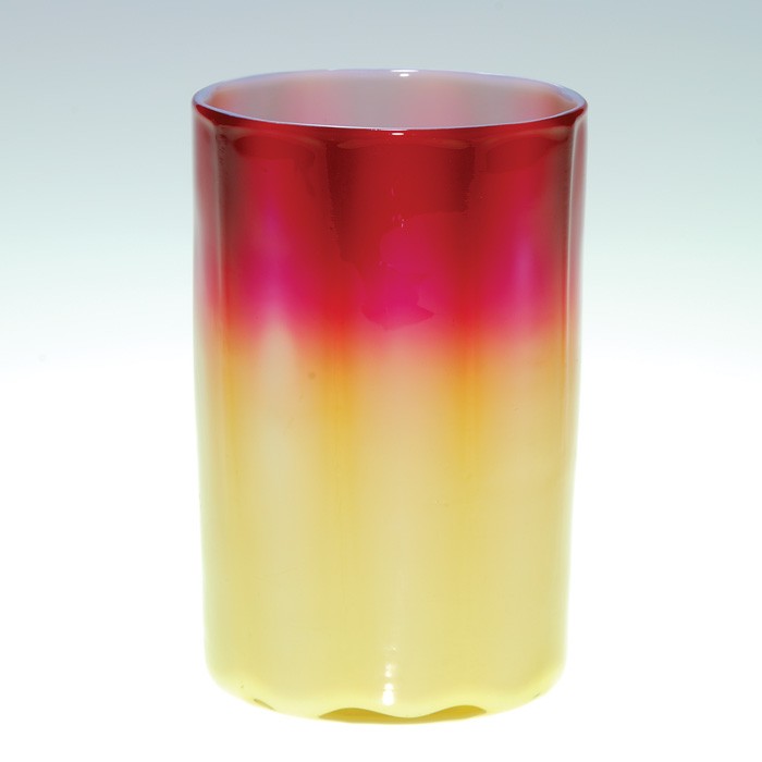 Plated Amberina tumbler, 3 3/4", ribbed: Pretty Plated Amberina tumbler enclosed with amber ribs on the exterior. The yellow area shows ghost-like images inbetween the raised ridges. Height 3 3/4 inches. Well defined, good color, excellent c