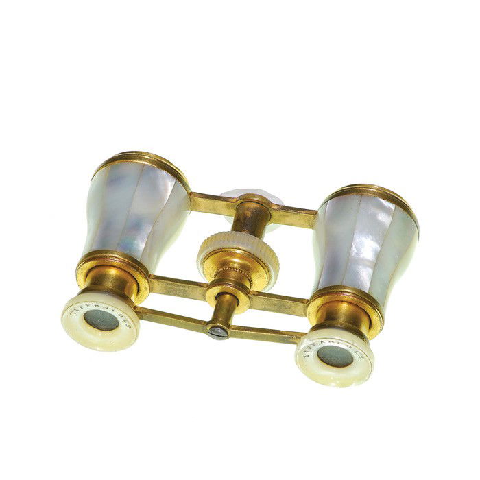 Tiffany opera glasses, mother-of-pearl, France: Nice pair of opera glasses made for Tiffany & Company. The gilt metal barrels and eye cups are covered with pieces of mother-of-pearl. Each eye cup marked "Tiffany & Co." and a cross support is stampe