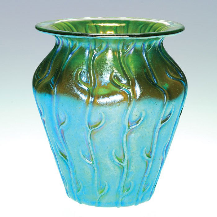 Loetz vase, Creta Silberiris Neptun, 5", unmarked: Good Loetz vase, Creta Silberiris Neptun. The 5 inch vessel has a pinched shoulder, the surface covered in a nice iridescent blue. Excellent beautiful condition.