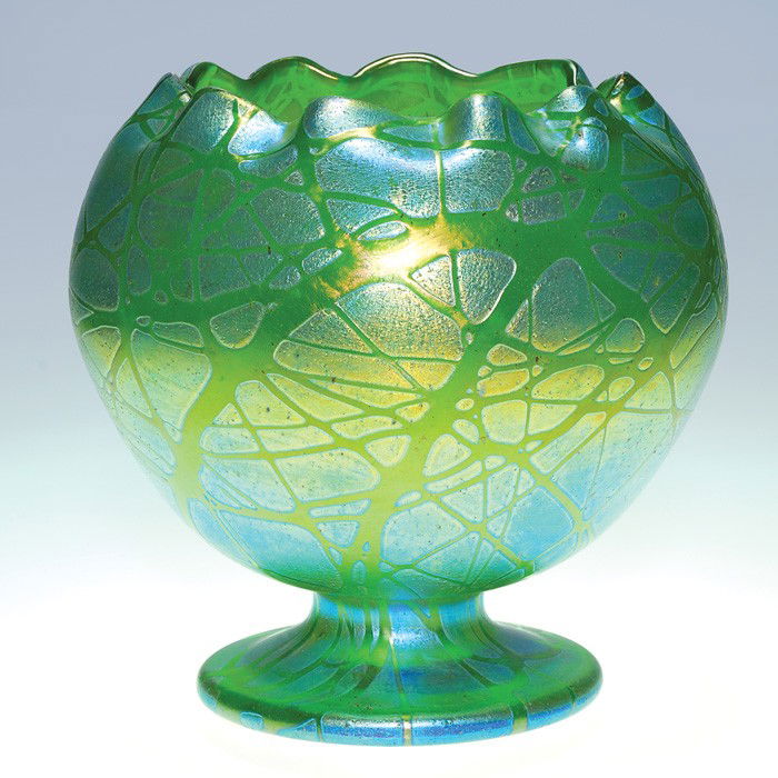 Loetz "Creta Pampas" footed vase, 8": Large Loetz "Creta Pampas" vase, the globe having a nice scallop edge and balanced on a generous base. Height 8 inches, diameter 8 1/2 inches. A noble vessel with good iridesence and in excellent cond