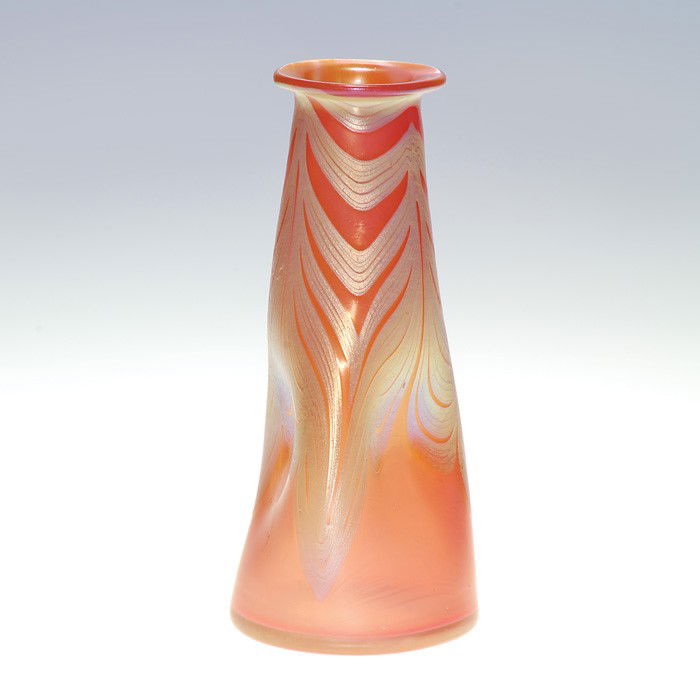 Loetz pull feather vase, pink & gold, pinched: Nice Loetz vase with silvery gold patterns much like "butterfly wings" pulled over a slender triple pinched salmon color body. Engraved "Loetz, Austria" within the polished pontil. Height 5 7/8 inches