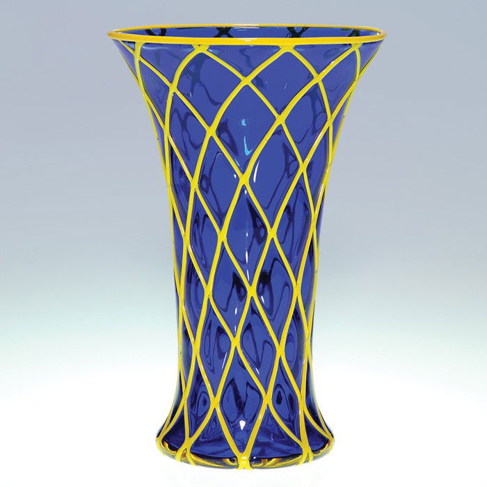Czechoslovakia vase, cobalt with yellow, 9 3/4": Cobalt blue Czechoslovakian vase, probably Loetz accented with a diamond quilted net applied in a beautiful bright sunny yellow. Height 9 3/4 inches. An oval "Czecho-Slovakia" acid mark is near the po