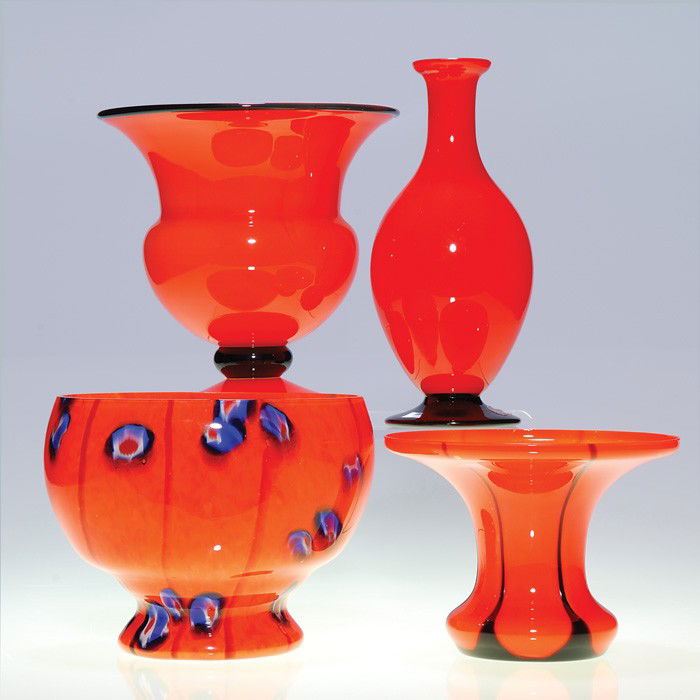 4 Czechoslovakia Tango vases, 1 marked, 1 Czech: Four Tango vases Mandarian red and tangerine orange. Tallest is a 7 inch footed vase with black lip wrap and connector. A 5 1/4 inch displays milliefiori canes drifting about. Minor inside rim chips.