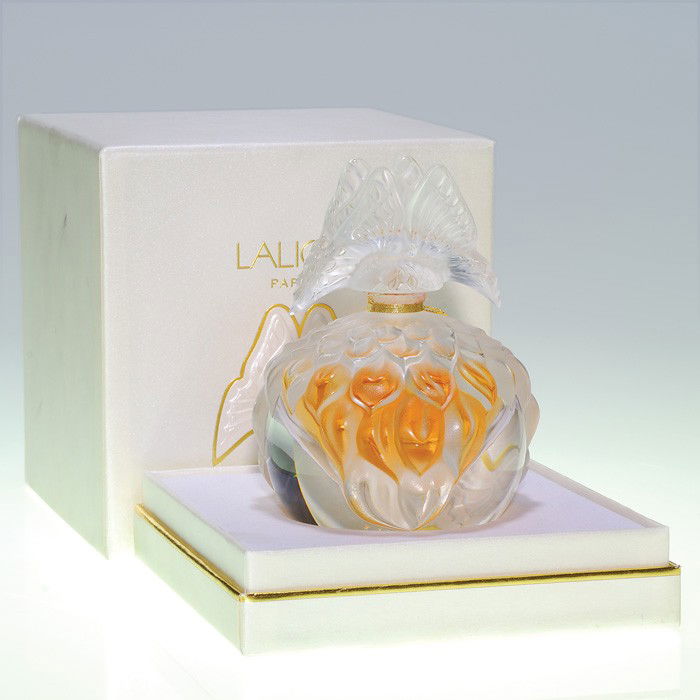 Lalique "Butterfly" perfume, 5", 2003, box: Lalique "Butterfly" perfume from the 2003 Flagon Collection with a pair of "kissing" butterflies settled upon a large frosted flower draped over a clear sphere. Height 5 inches. Original box. Stains t