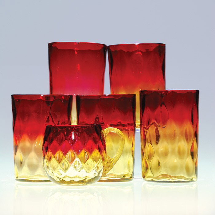 Diamond Quilted Amberina: 5 tumblers, 1 punch cup: Six Amberina pieces with diamond quilted patterns. There are five 3 5/8 inch tumblers and a 2 3/8 inch Libbey punch cup adorned with an amber reed handle. All have nice rich color. Excellent condition