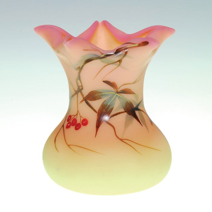 Webb Burmese decorated vase, folded in rim, 3 1/8": Miniature Thomas Webb & Sons Burmese 3 1/8 inch vase with a fold-in petal top, the body decorated with the woodsy vine, Virginia Creeper. The bottom bears the Queens Burmese Ware impression. One petal