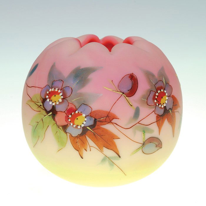 Burmese Thomas Webb rose bowl, floral, 2 3/4": Thomas Webb & Sons rose bowl displaying a sprig bearing pretty lavender blue blossoms hand painted on Burmese. Height 2 3/4 inches. There is a teensy no harm surface ping to the side. Well detailed de