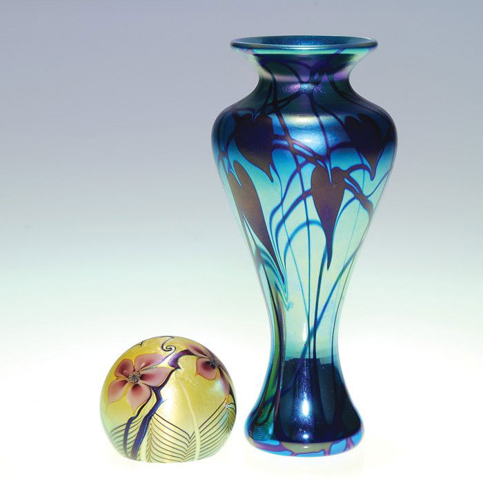 2:Carlson blue aurene vase,6", O&F paperweight: Two early items: Striking blue aurene 6 inch vase with dark foliage on vines created by Donald Carlson. Signed "Carlson, ap 80, 782" beneath the base. A miniature Orient & Flume paperweight, the clear