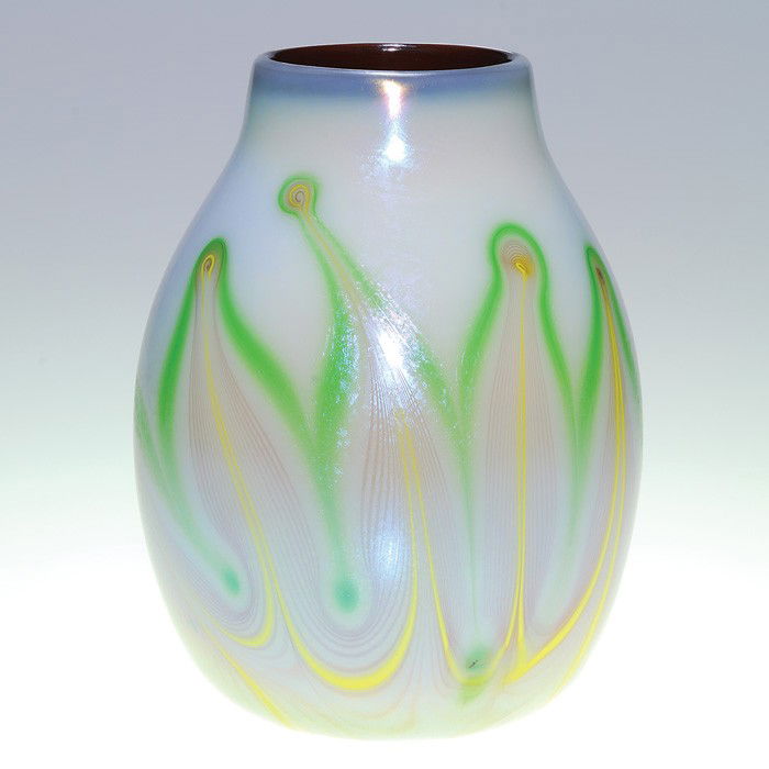 Orient & Flume vase, cased, foliage, white, 6 1/2": Early Orient & Flume gourd vase produced in 1973 and decorated with tricolor leaves pulled over a white surface, the interior cased in plum. Height 6 1/2 inches. The company name and date encircle the