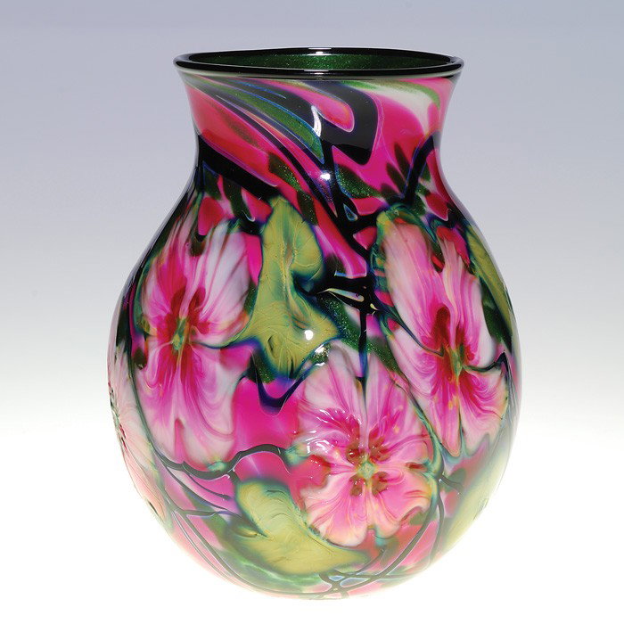Charles Lotton vase, Multi Flora, spatter, green: Good Lotton vase composed by the glass maestro himself, Charles. His skilled hands created a busy spatter backdrop containing pink, white and aventurine green, then layering eight of his "fantasy flow