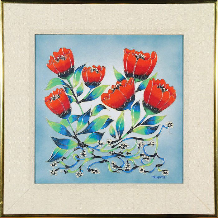 Joseph Trippetti cloisonne' enamel panel, poppies,: Joseph Trippetti cloisonne' enamel panel (most likely on copper) with colorful red poppies on a pale blue ground. Tirppetti is well known for his work with cloisonne'. Signed in the lower right hand c