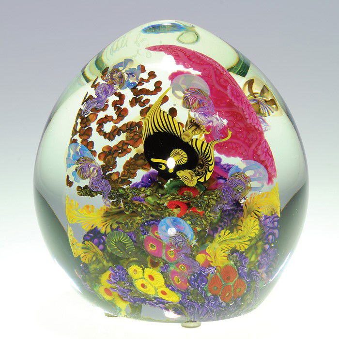 Chris Heilman paperweight, Midnight Angel, 6", sig: Marine paperweight sculpture by the creative efforts of Chris Heilman featuring a lemon yellow and ebony angel fish gliding through a brilliant coral reef surrounded by several menacing jellyfish. Hei