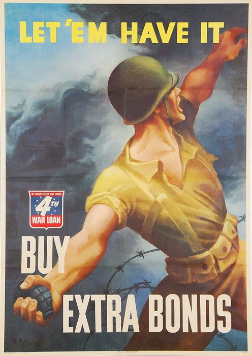 Bernard Perlin "Let 'em Have it" 28 1/2" x 40": Bernard Perlin "Let 'em Have it Buy Extra Bonds" 28 1/2" x 40" World War II bond poster. Issued in 1943 for the 4th War Loan bond drive this image of a soldier throwing a grenade is always popular and