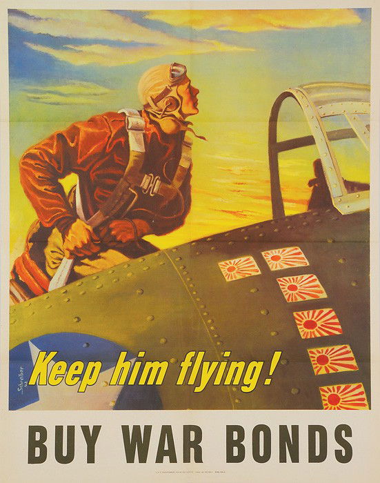 Schreiber "Keep him flying!" 22" x 28" World War I: Georges Schreiber "Keep him flying! BUY WAR BONDS" original World War II Poster. This 22" x 28" poster shows an American ace climbing into his plane. Great image and in excellent + condition having on