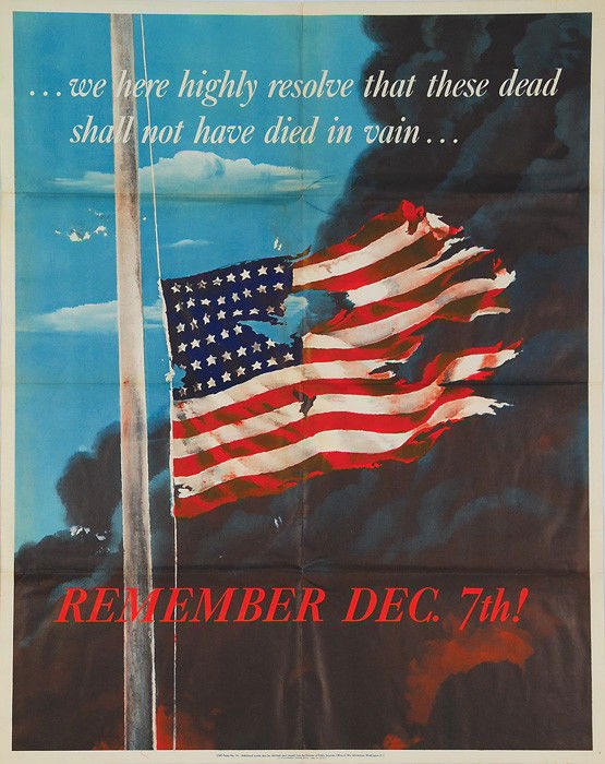 Allen Saalburg "Remember Dec. 7th!" 22" x 28" WWII: Allen Saalburg's ".. we here highly resolve that these dead shall not have died in vain... REMEMBER DEC. 7th!" original World War II poster. Striking image of a tattered US flag with smoke in the back