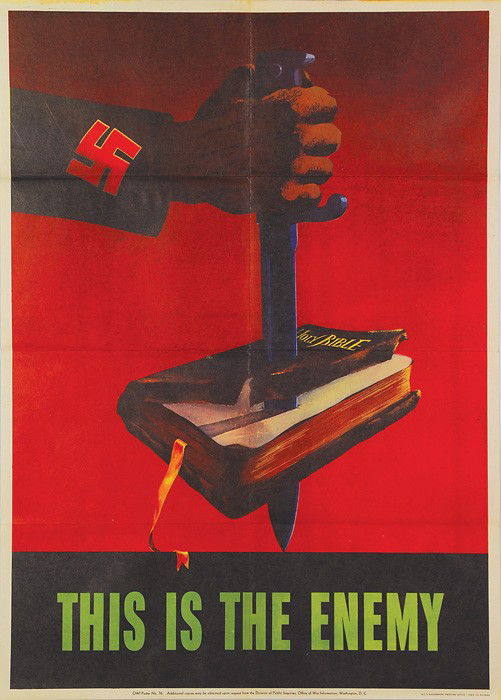 THIS IS THE ENEMY 20" x 28" original World War II: THIS IS THE ENEMY original World War II poster with the powerful image of a Nazi dagger being driven through the Holy Bible by an arm with a swastika on the sleeve. Excellent + condition with very sli
