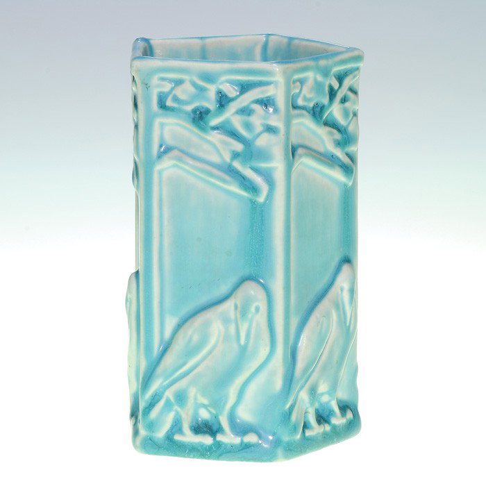 Rookwood "Rook" pencil holder, mat blue, 4 5/8": Rook pencil holder in blue mat glaze. Height 4 5/8 inches. Marks include the Rookwood logo, 1945 date and shape 1795. Tiny open bubble on rim and a flat grinding nick on the base edge. Uncrazed.