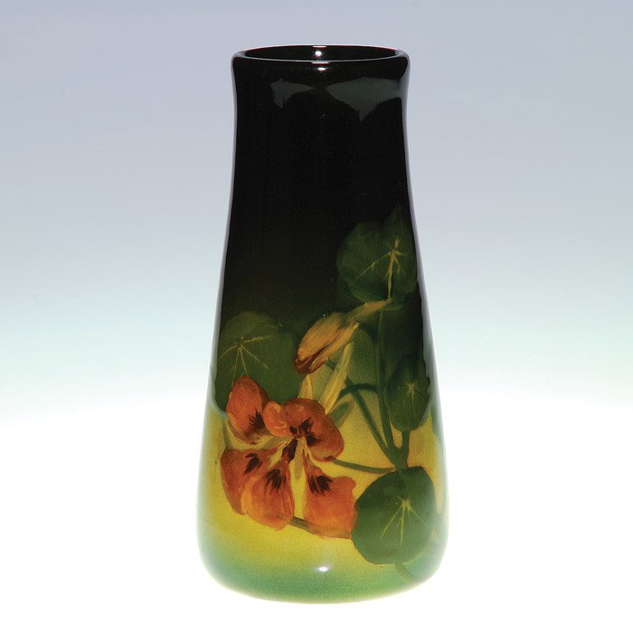 Rookwood Standard vase, nasturtiums, Steinle, '07: Standard Glaze 6 7/8 inch vase decorated in 1907 by Caroline Steinle, who wrapped pretty nasturtiums around the vessel. Impressed with the Rookwood insignia, the date and shape 950 E and incised with 
