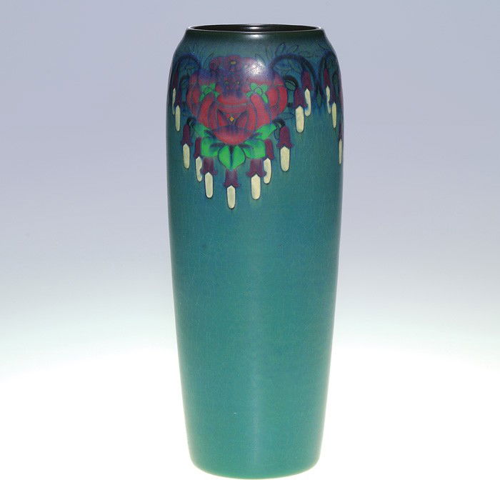 Rookwood Vellum, stylized flowers, Sax, 10 7/8": Vellum Glaze 10 7/8 inch vase draped with three clusters of stylized flowers, the work of Sara Sax in 1916. Marked with the Rookwood symbol, the date, a V for Vellum, shape 951 C and Miss Sax' monogra