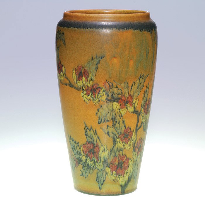 Rookwood Mat floral 11" vase, L. Abel, 1924: Decorated mat glaze vase, bedecked with boughs laden with red flowers, the work of Louise Abel in 1924. Impressed with the Rookwood symbol, the date and shape 1369 C and carrying the artist's monogram