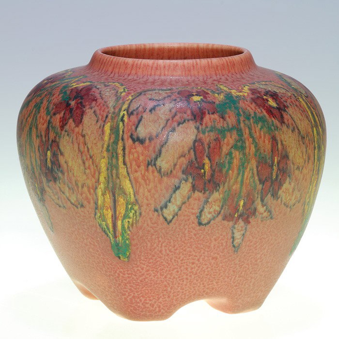 Rookwood mat floral vase, Abel, 1923, shape 1322: Mat glaze vessel decorated by Louise Abel in 1923 with a colorful floral band encircling the upper portion. Impressed with the Rookwood symbol, the date and shape 1322 and bearing the artist monogram 
