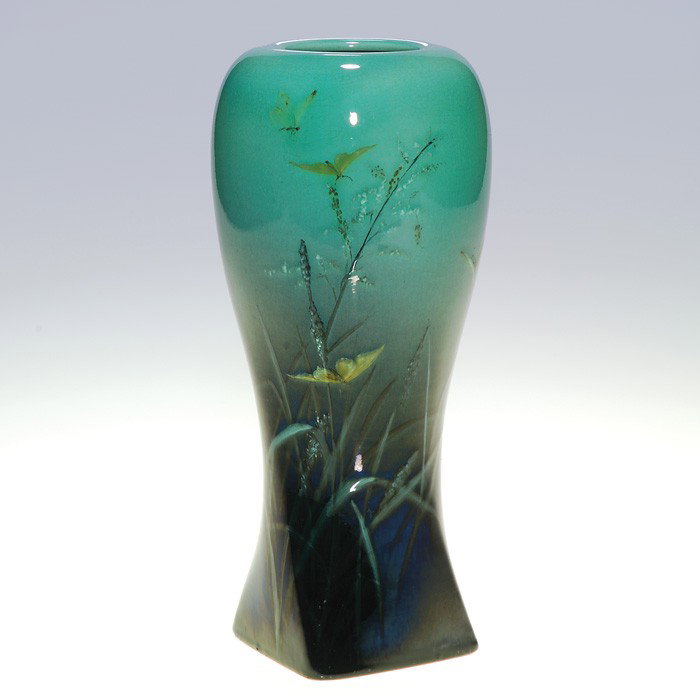 Rookwood Sea Green, flowers/butterflies, Asbury: Very unusual Sea Green vase decorated by Lenore Asbury in 1896 with four delicate butterflies who are closely inspecting some flowers. Impressed with the Rookwood logo, the date, and shape 817 and inc