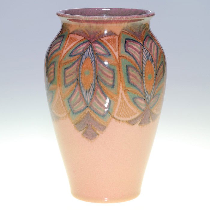 Rookwood Yellow Tint, floral designs, Sax, 1930: Yellow Tinted Porcelain vase encircled by designs created by Sara Sax in 1930. The designs appear to be floral with influence of Incan or Mayan culture. Impressed with the Rookwood symbol, the date an