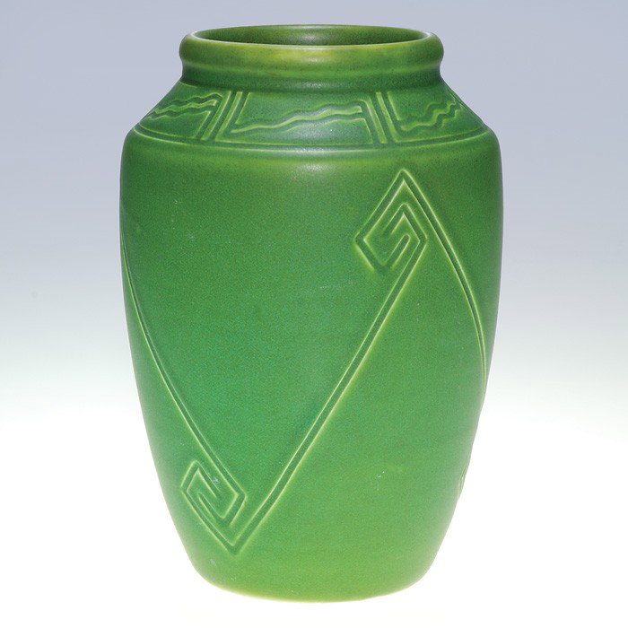 Rookwood Z line mat vase,incised geometric design: Mat "Z line" 9 inch vase with incised geometric designs, made in 1904 and covered with a good green mat glaze. Impressed with the Rookwood symbol, the date, a V for Vellum body and shape 768 DZ. Regul