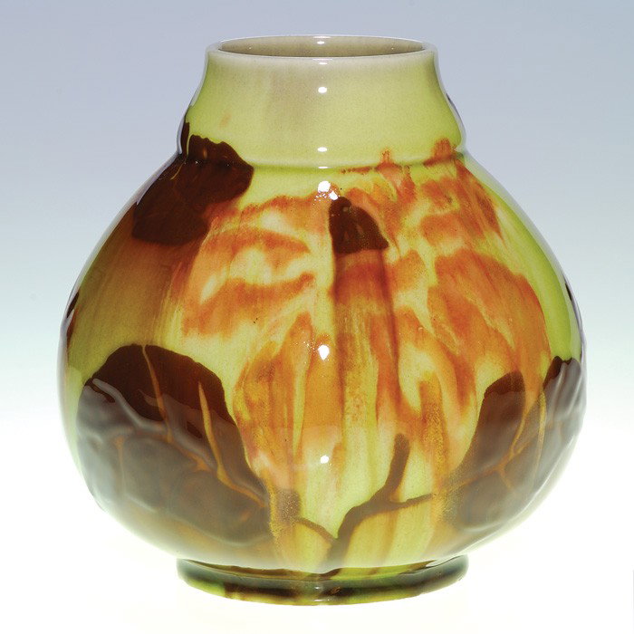 Rookwood high glaze 6.25" floral, Barrett, 1945: Rookwood high glaze vase with abstract floral decoration done in 1945 by Elizabeth Barrett. Marks include the company logo and date, shape number 6875 and the incised monogram of the artist. Height 6 
