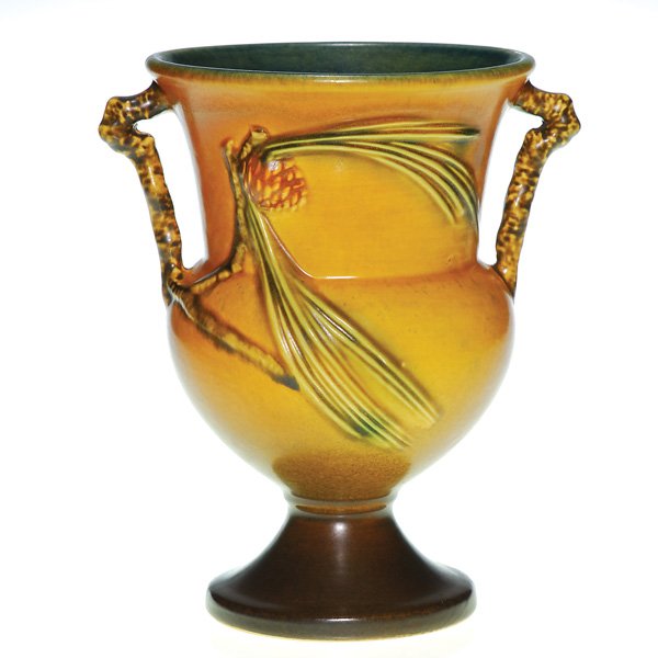 Roseville Pine Cone vase in brown, shape 908-8”: Roseville Pine Cone vase, shape 908-8, in brown. Impressed with the Roseville logo and the shape number. In excellent, original condition with a good mold and a decent glaze with a few tiny burst glaz