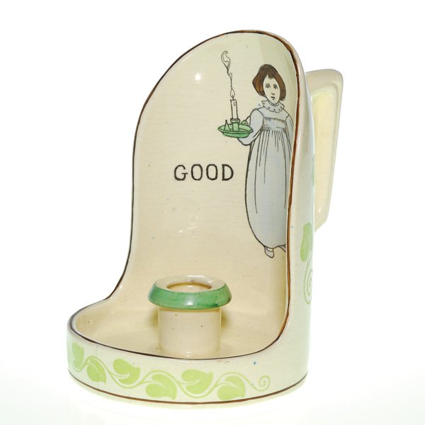 Weller “Good Night” 6 1/2” candleholder: Roseville “Good Night” candleholder depicting a young girl, all ready for bed, holding a candleholder and bearing the wishes to have a Good Night. Unmarked. There is overall crazing, a faint, dark
